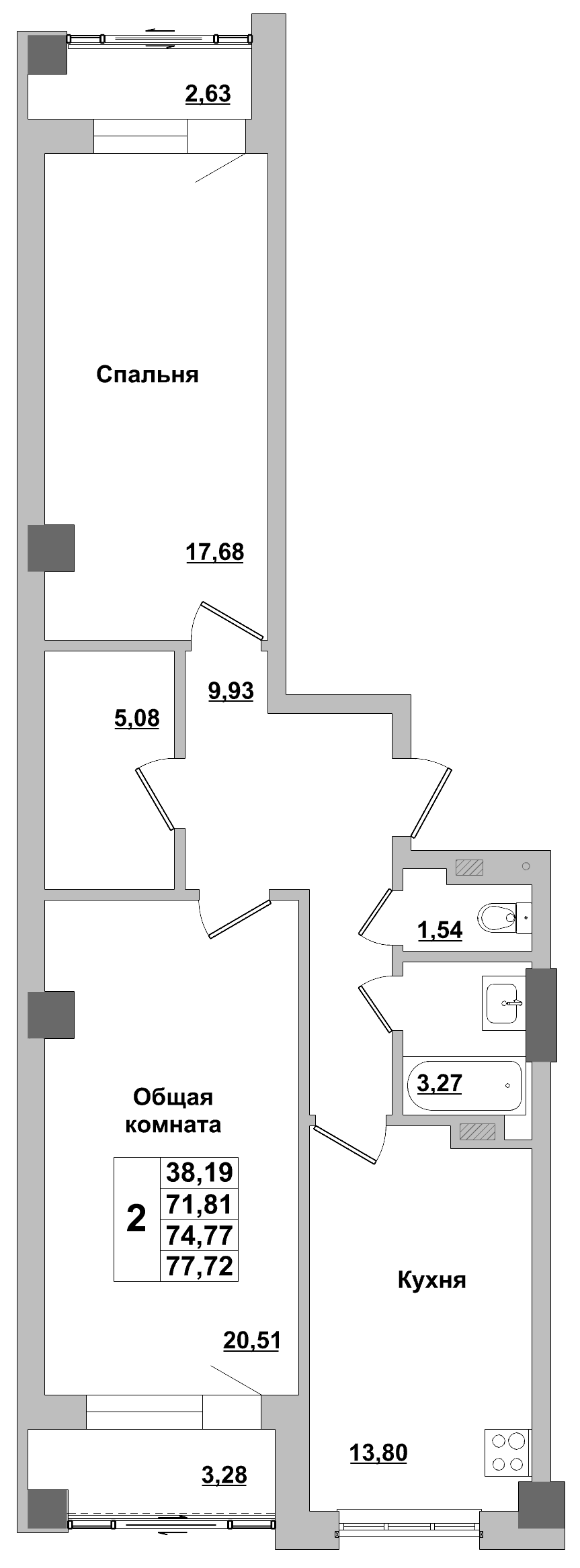 2 комн., 74.8 м²