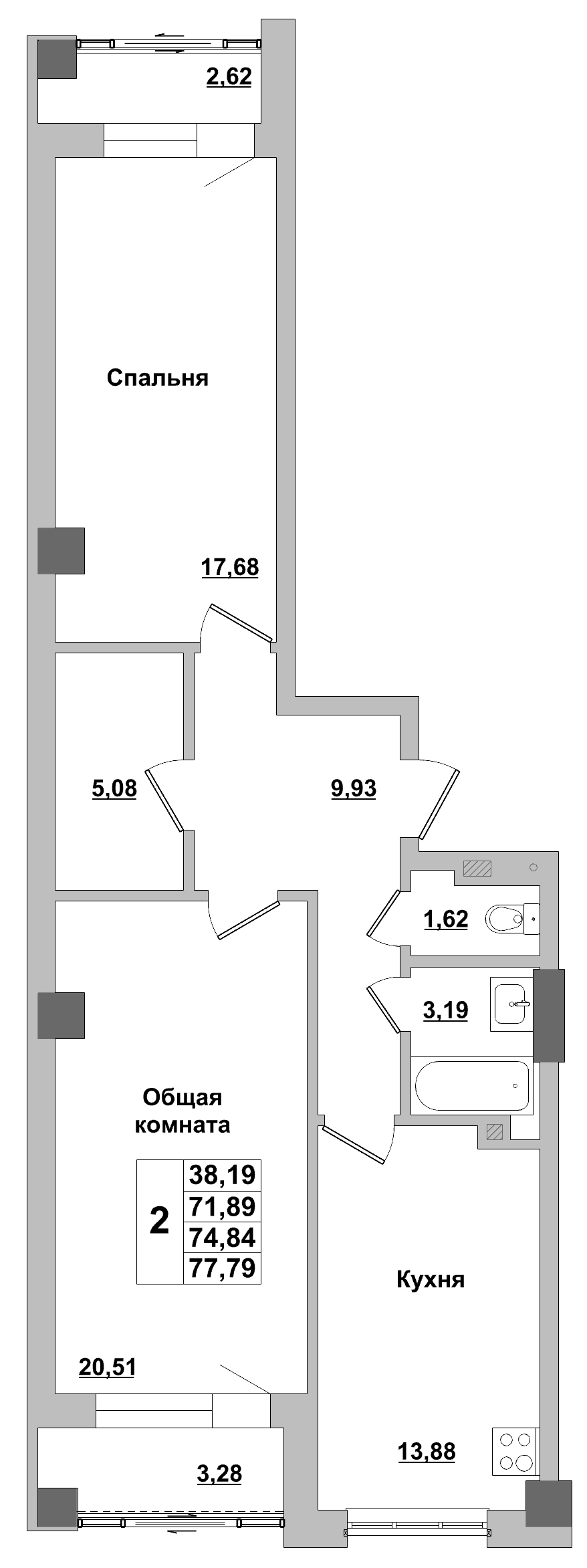 2 комн., 74.8 м²