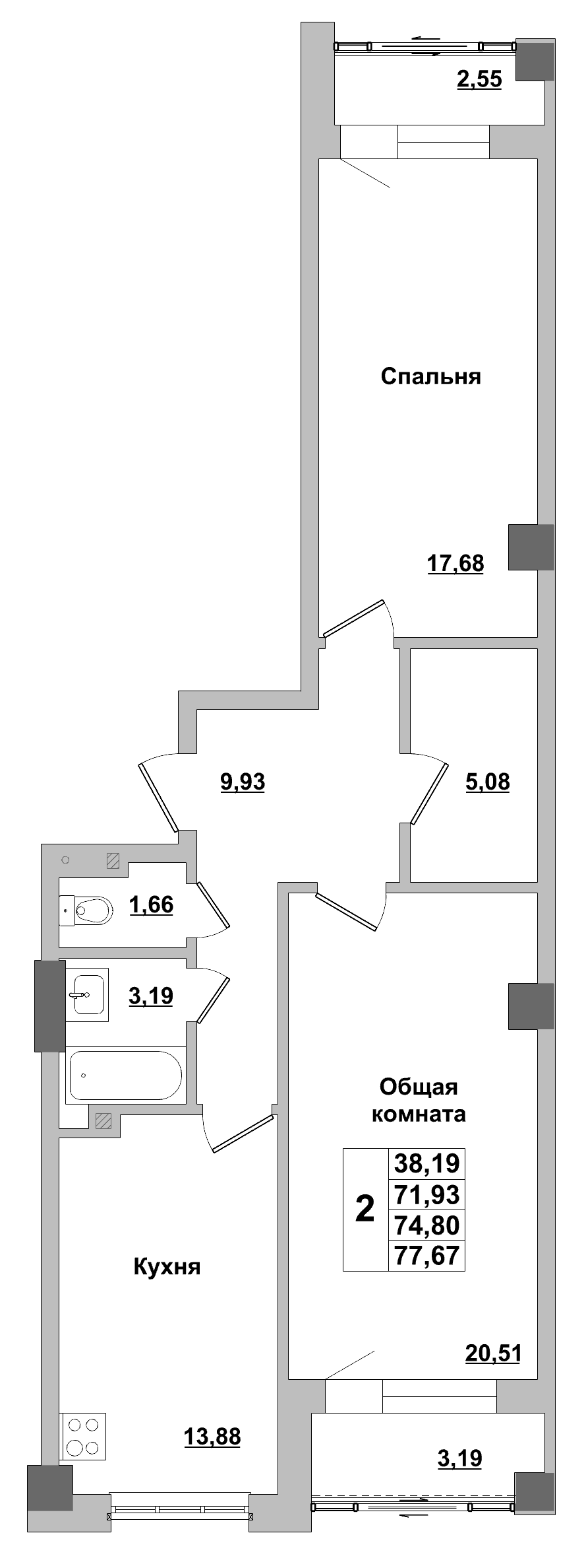 2 комн., 74.8 м²