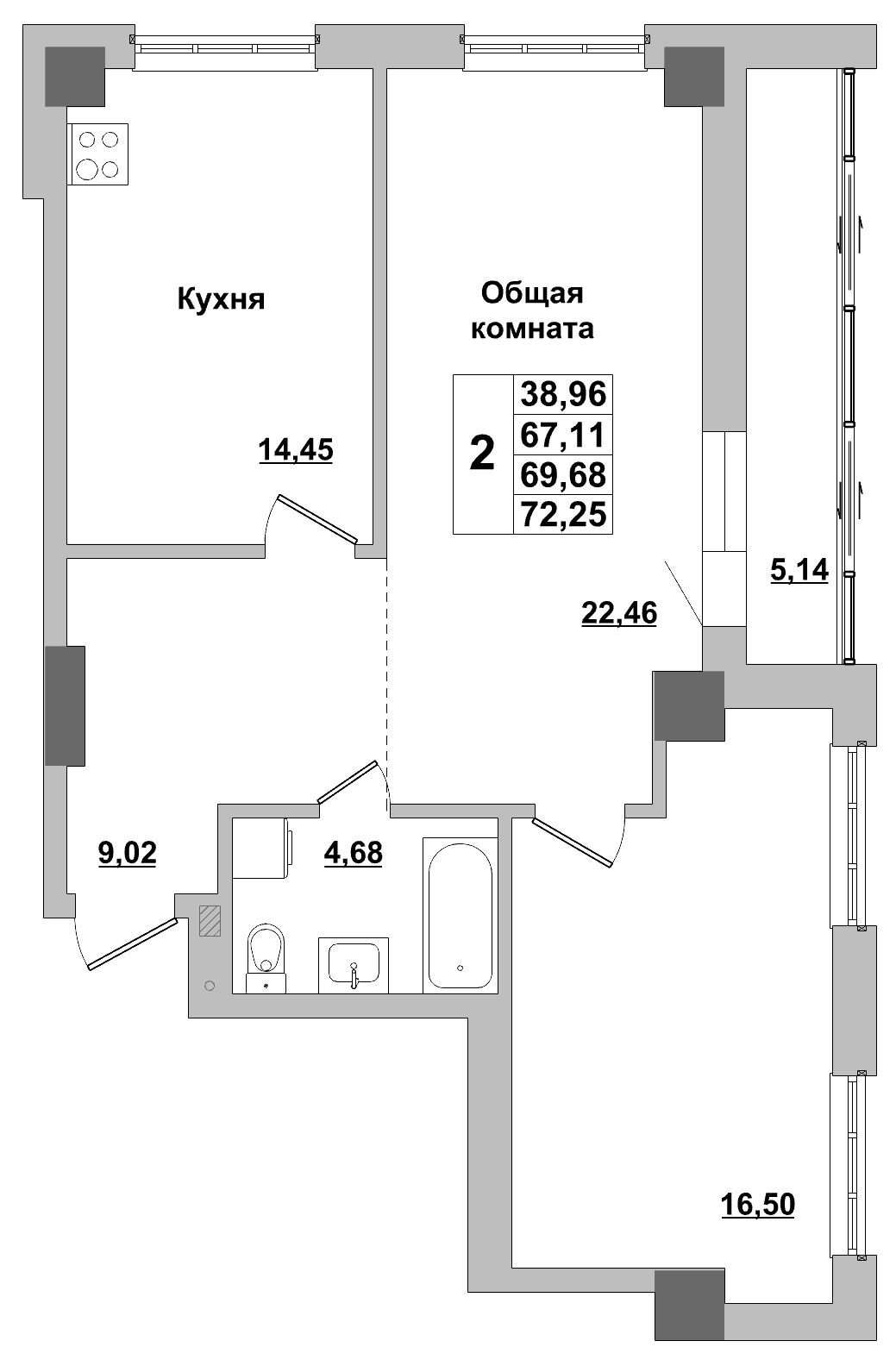 2 комн., 69.7 м²