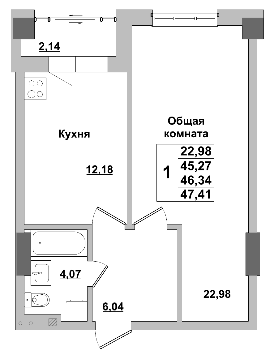 1 комн., 46.3 м²