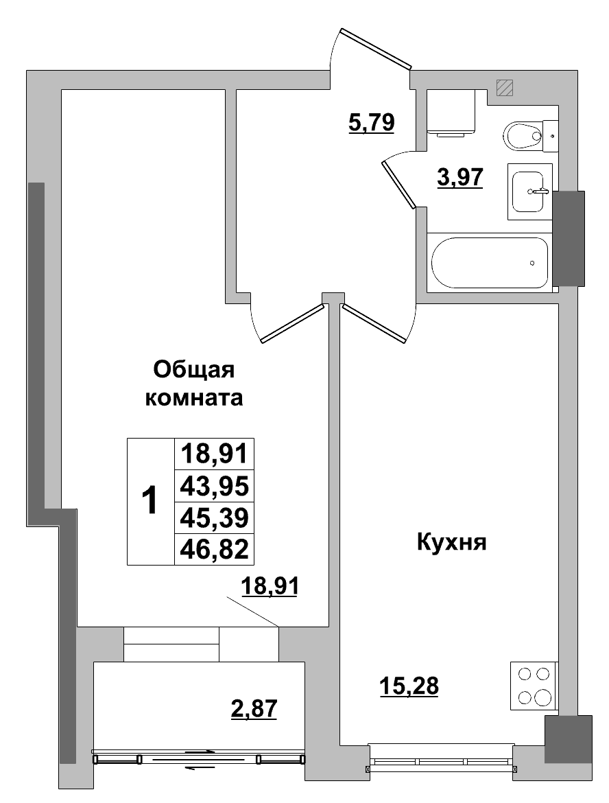 1 комн., 45.4 м²