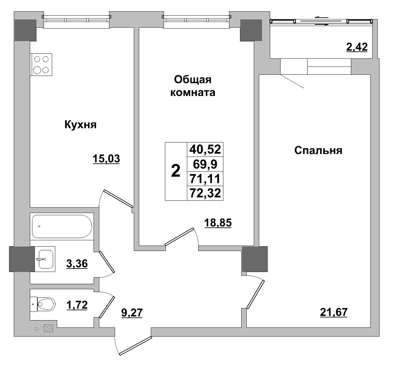 2 комн., 71.1 м²