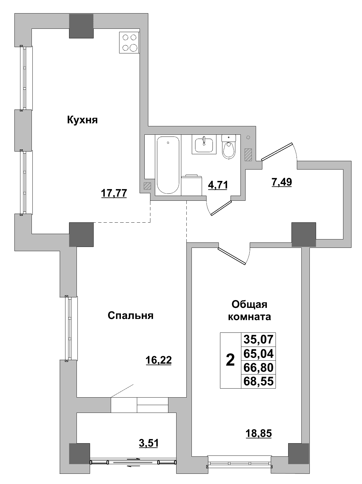 2 комн., 66.8 м²