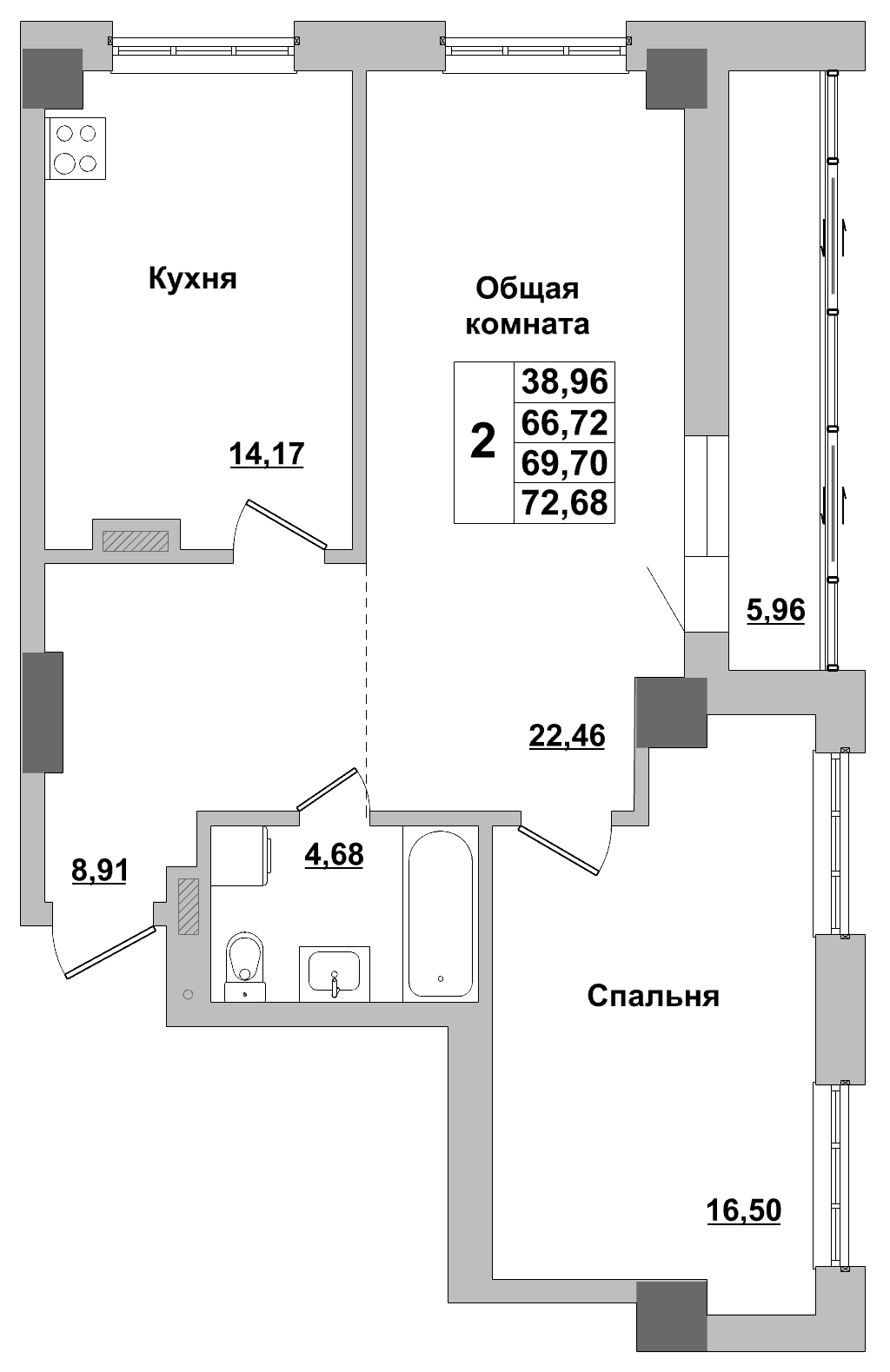 2 комн., 69.7 м²