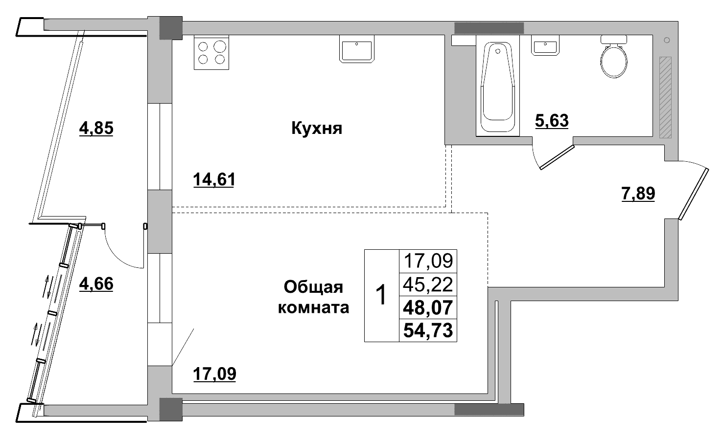 1 комн., 48.1 м²