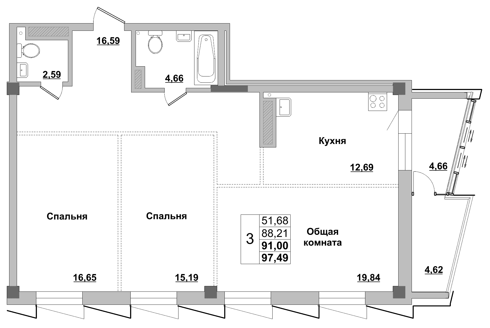 3 комн., 91.0 м²