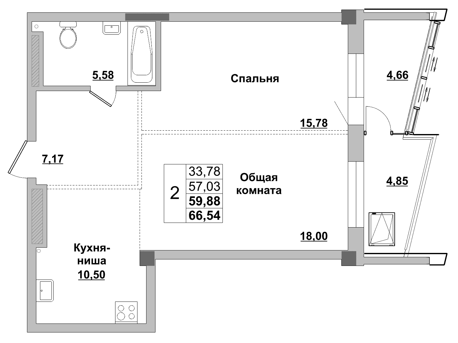2 комн., 59.9 м²
