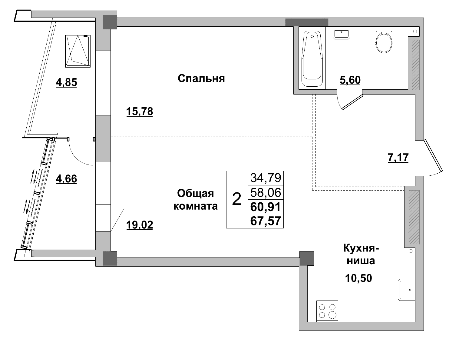 2 комн., 60.9 м²