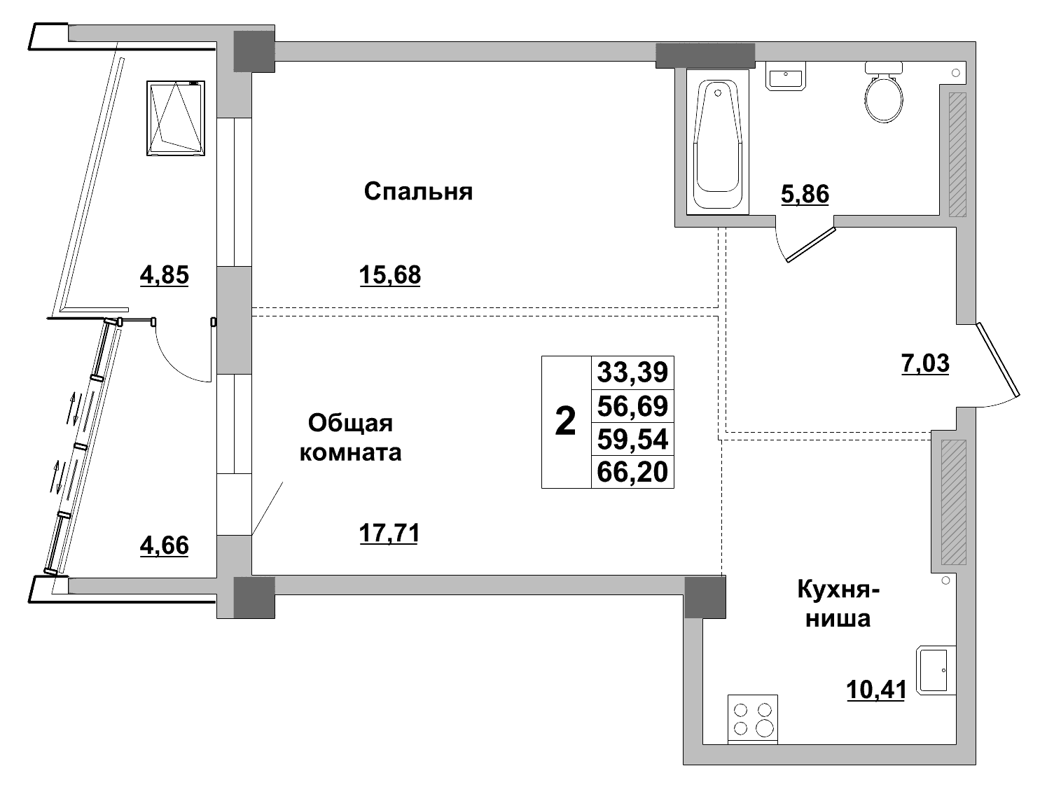 2 комн., 59.5 м²