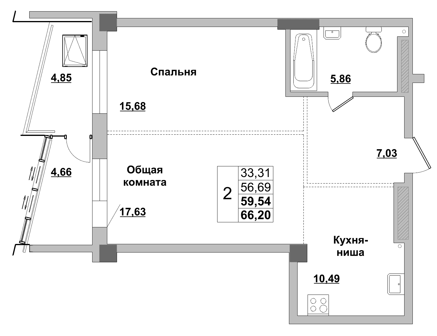 2 комн., 59.5 м²