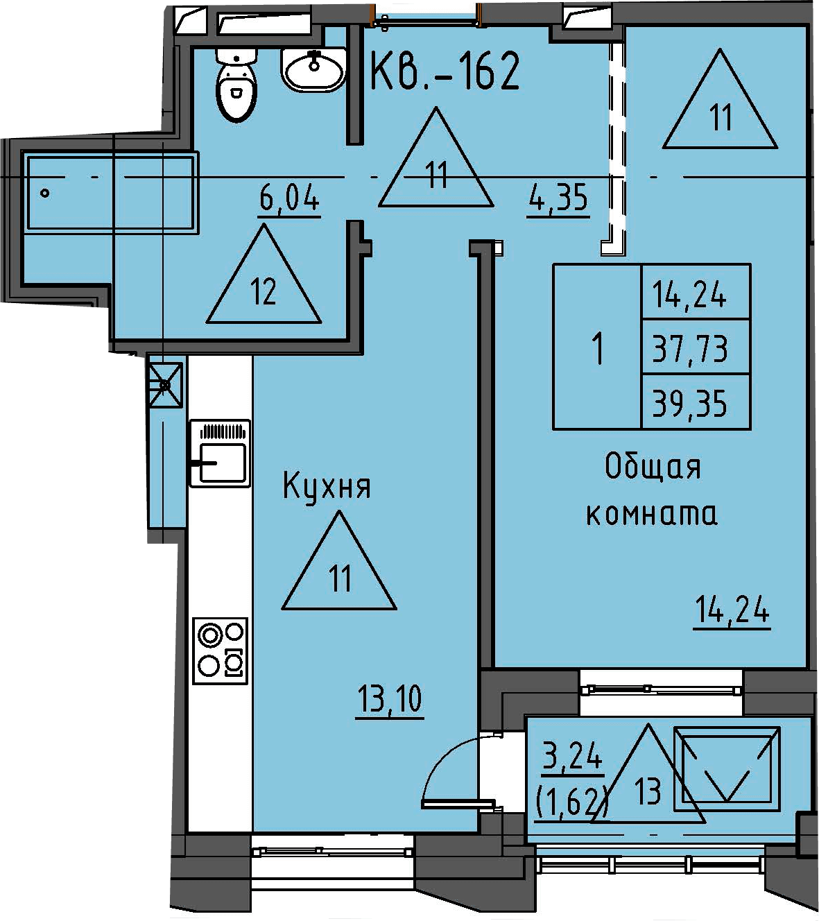 1 комн., 39.4 м²
