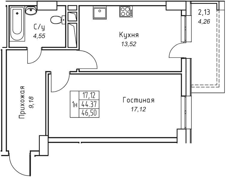 1 комн., 46.5 м²
