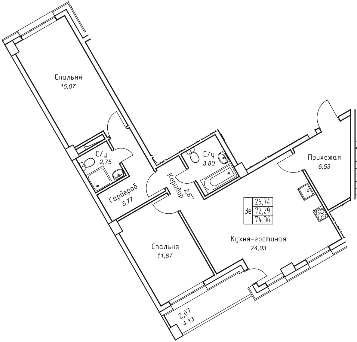 3 комн., 74.4 м²