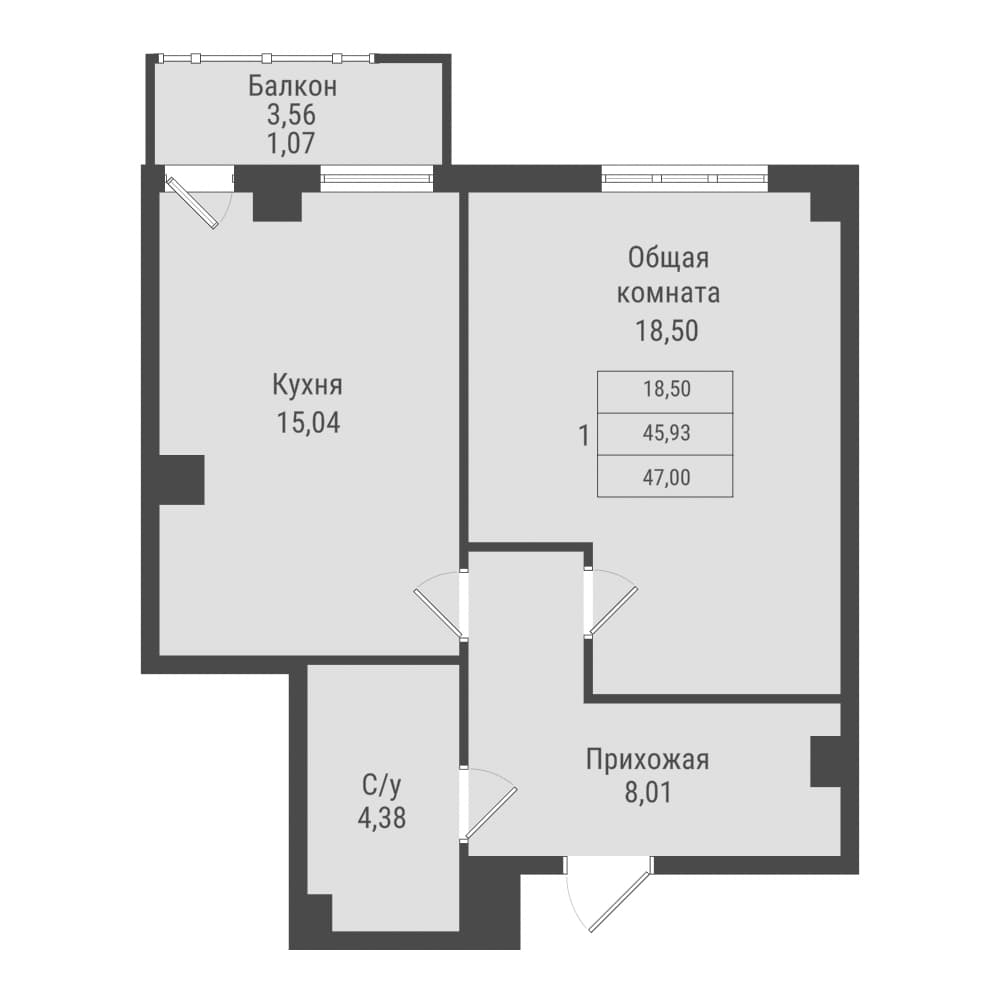1 комн., 47.0 м²