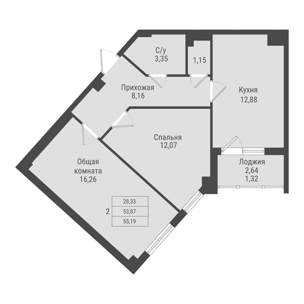 2 комн., 55.2 м²