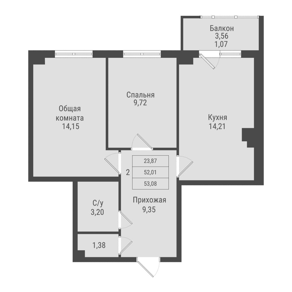 2 комн., 53.1 м²