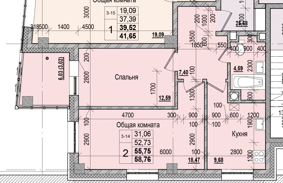 2 комн., 55.8 м²