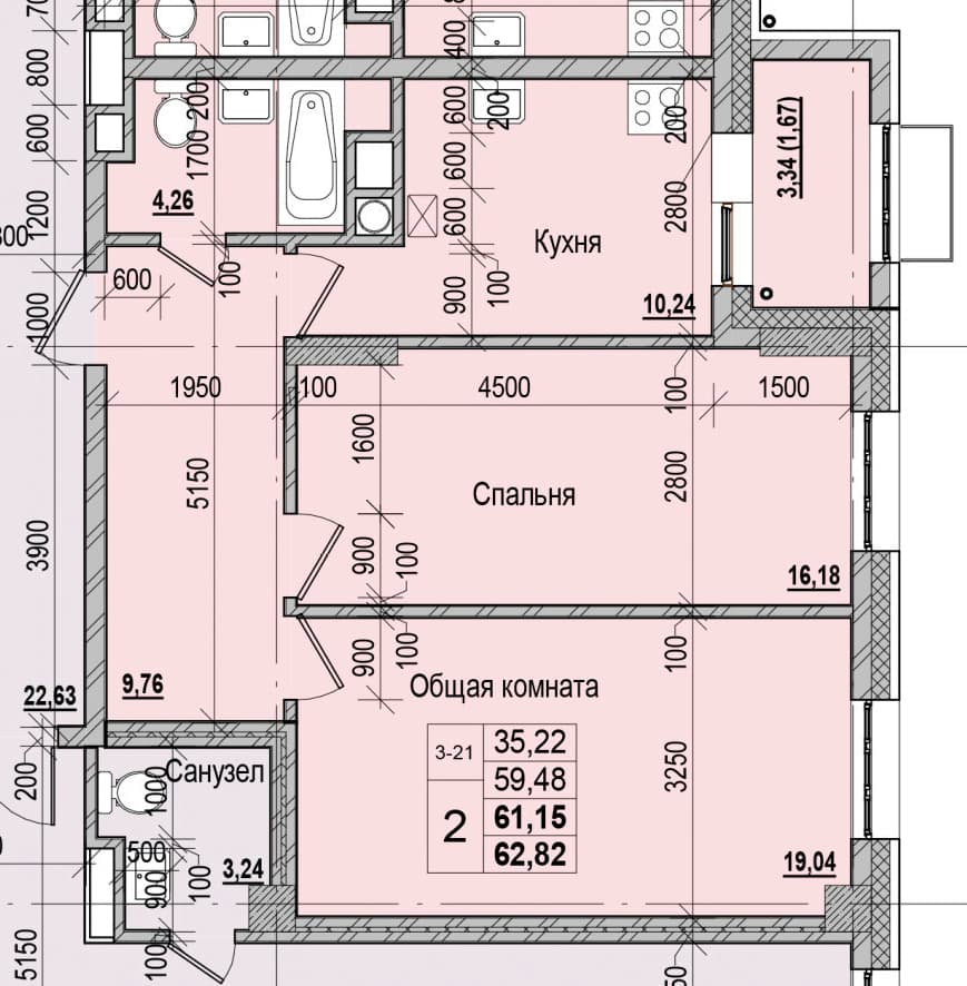 2 комн., 61.1 м²