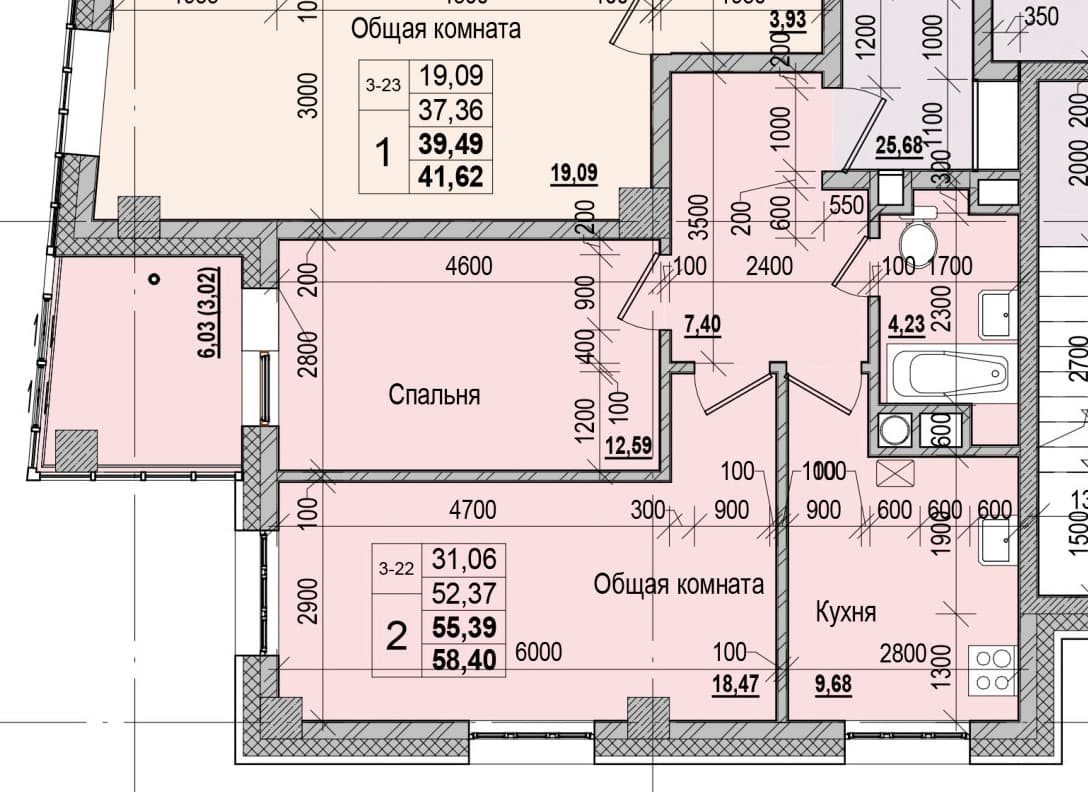 2 комн., 55.4 м²