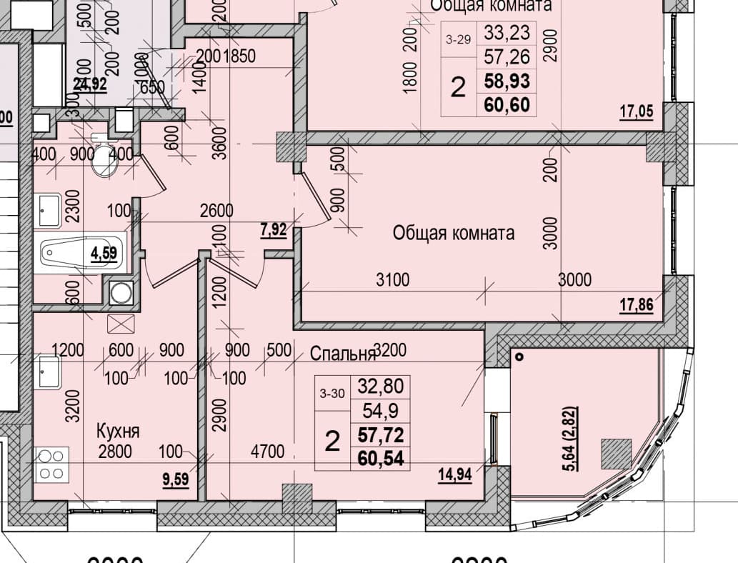 2 комн., 57.7 м²