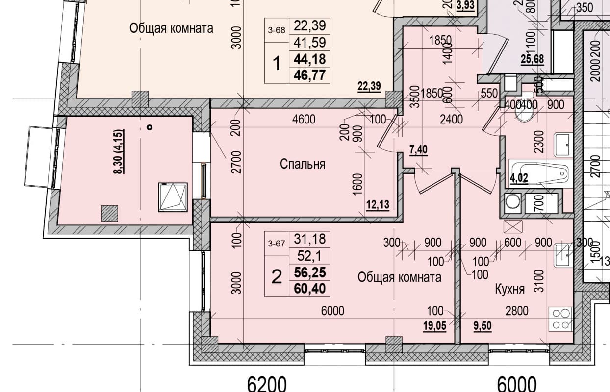 2 комн., 56.3 м²