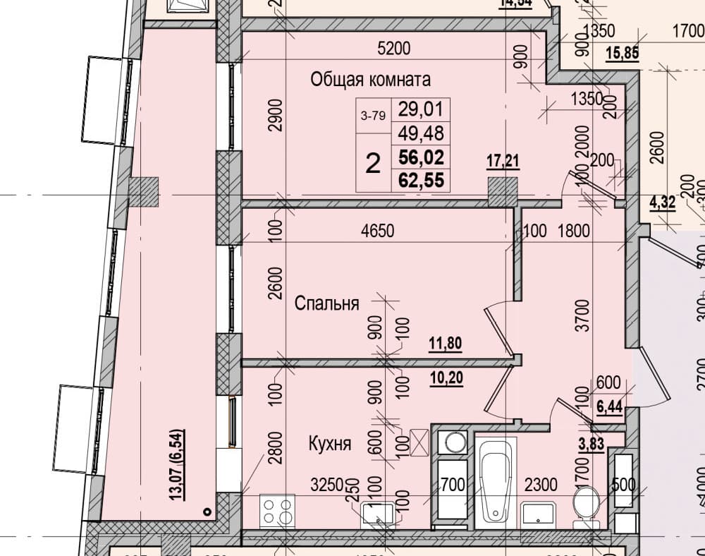 2 комн., 56.0 м²