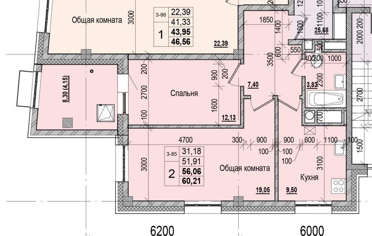 2 комн., 56.1 м²