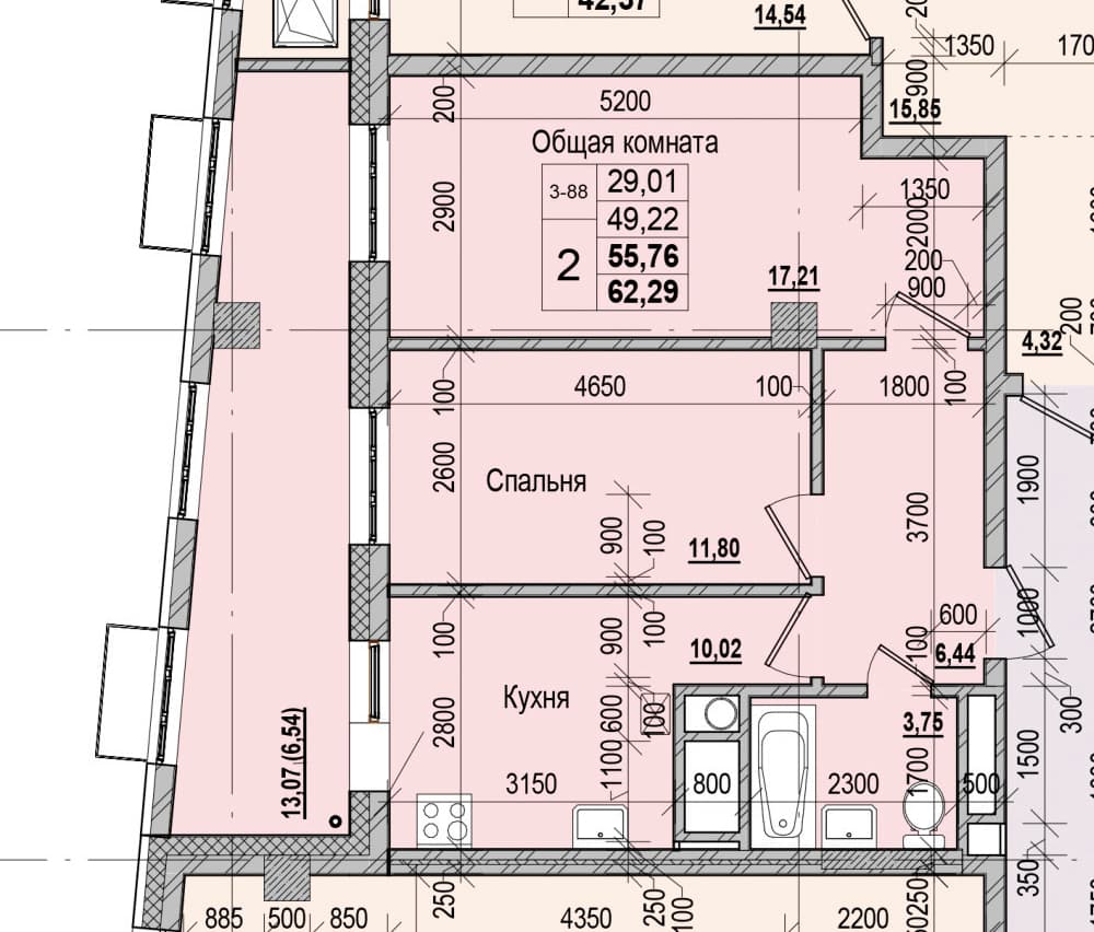 2 комн., 55.8 м²