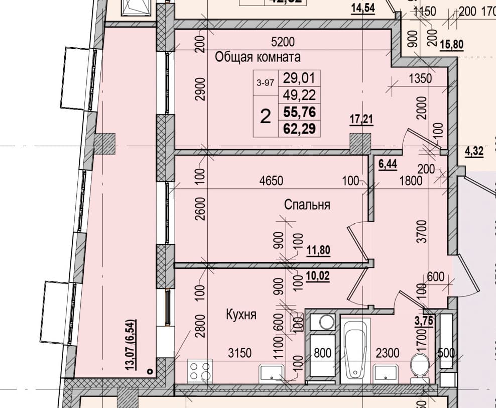 2 комн., 55.8 м²