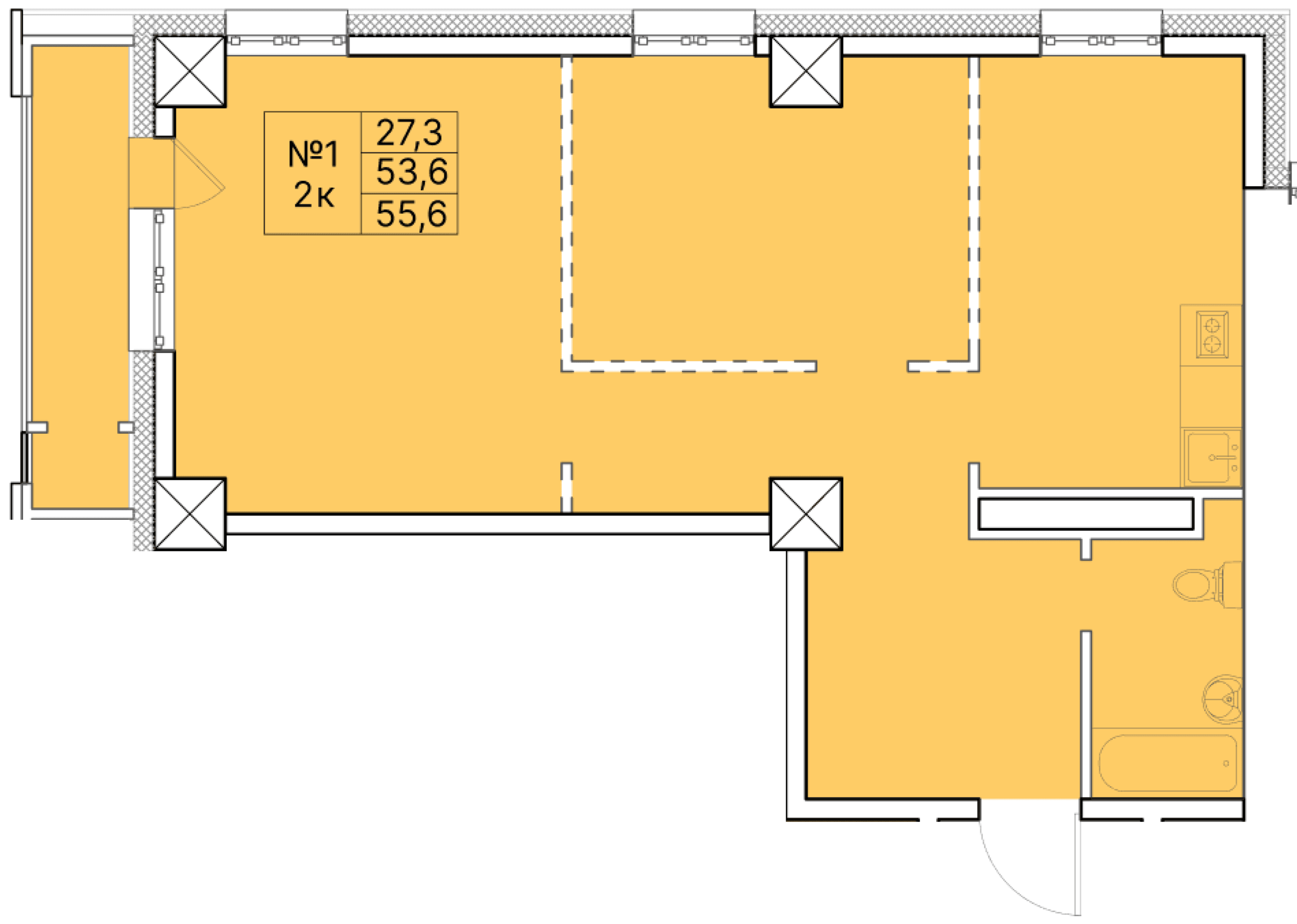 2 комн., 55.6 м²