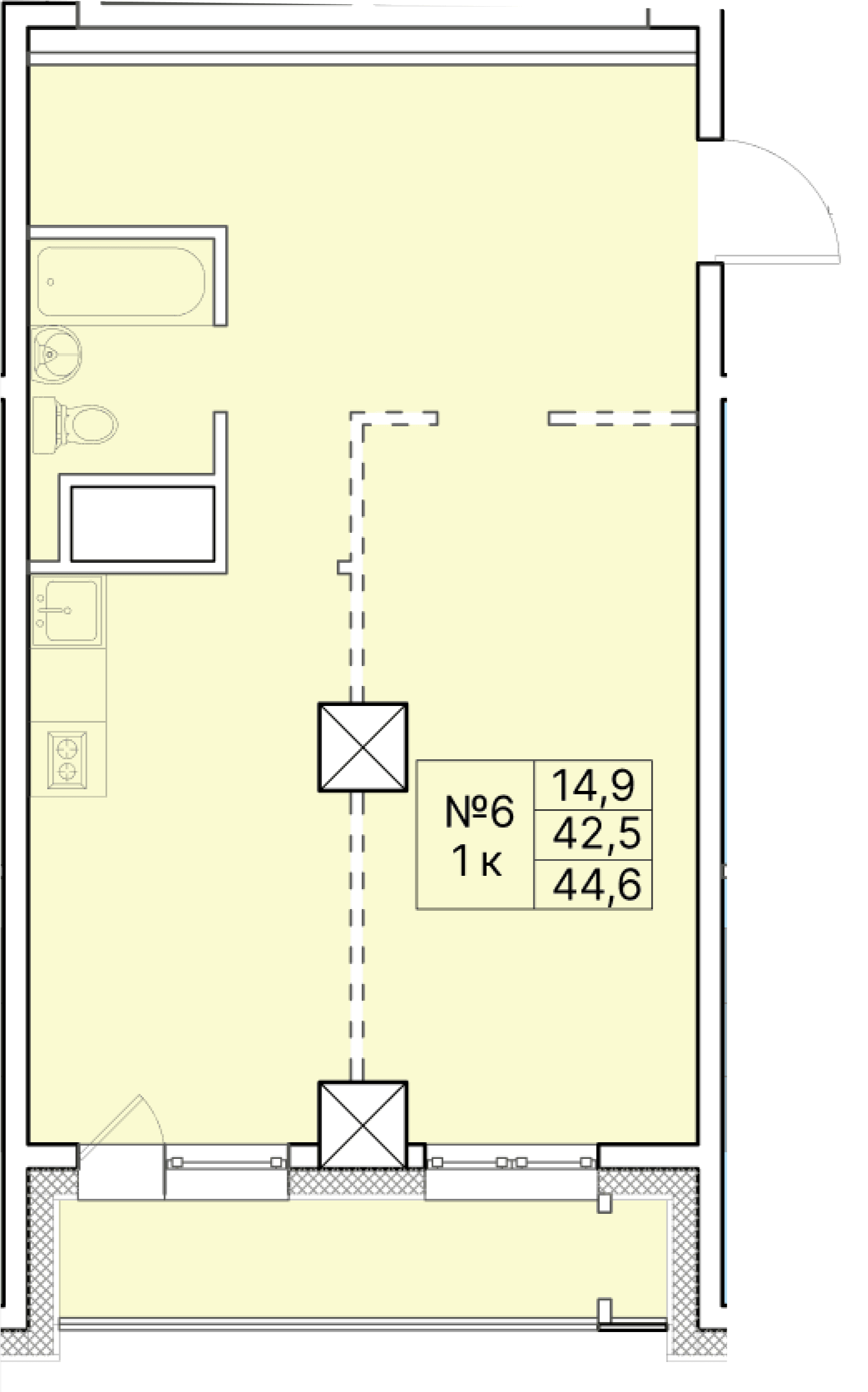 1 комн., 44.6 м²