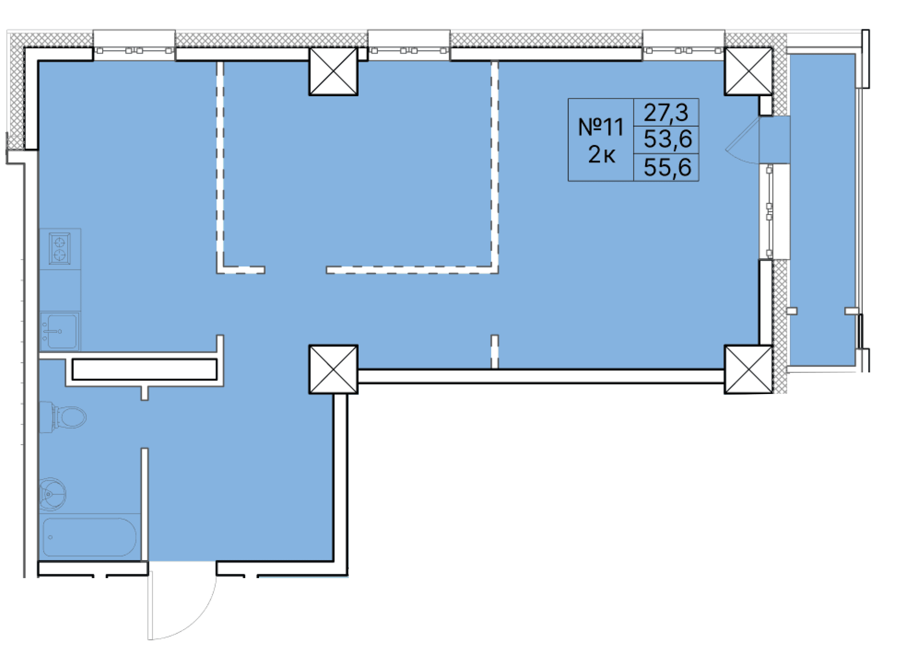 2 комн., 55.6 м²