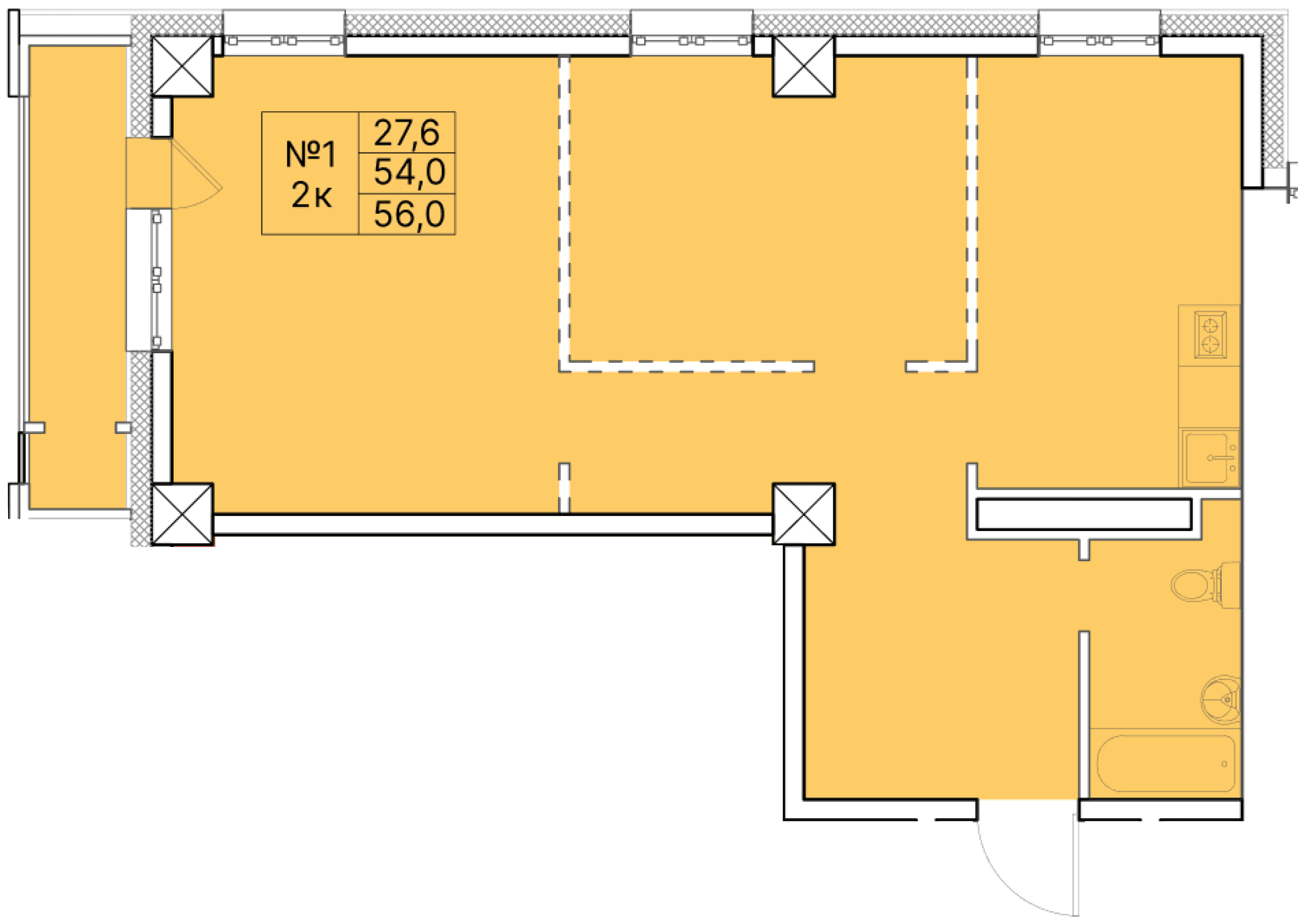2 комн., 56.0 м²