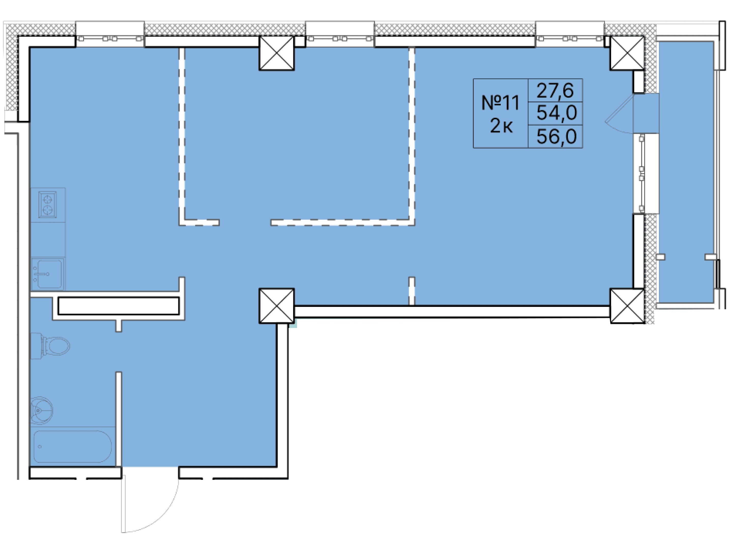 2 комн., 56.0 м²