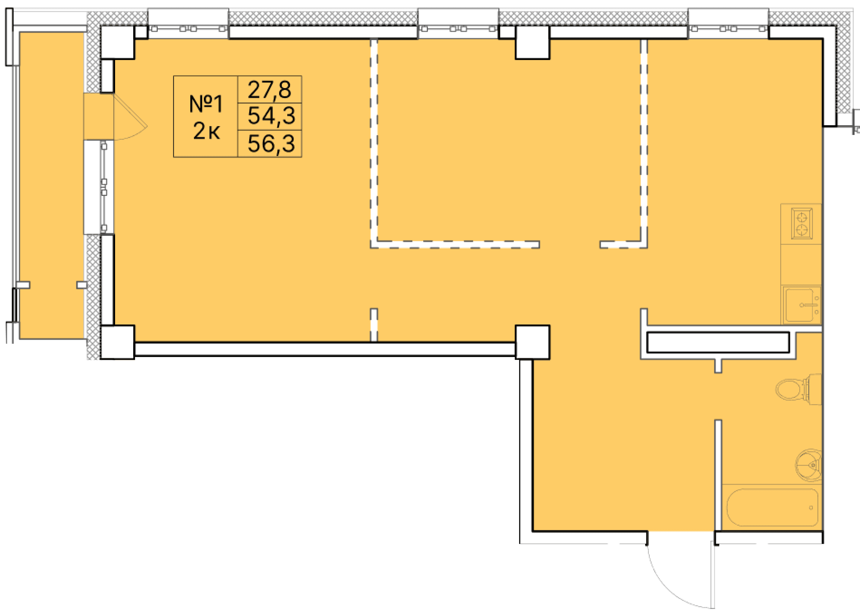 2 комн., 56.3 м²