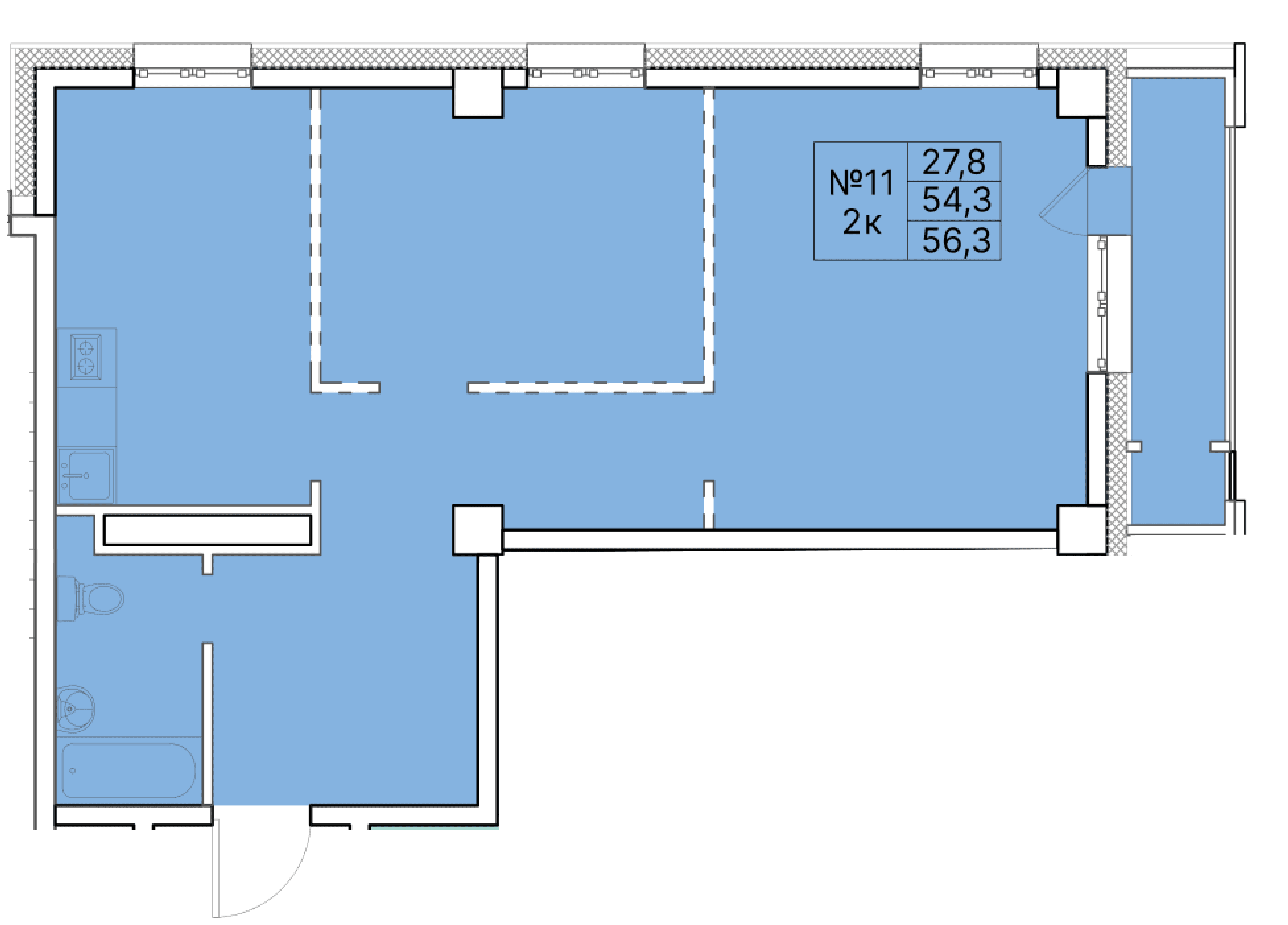 2 комн., 56.3 м²