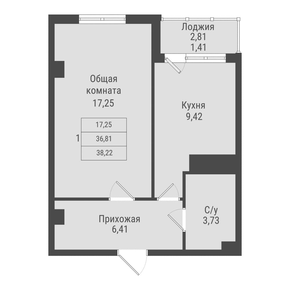 1 комн., 38.2 м²