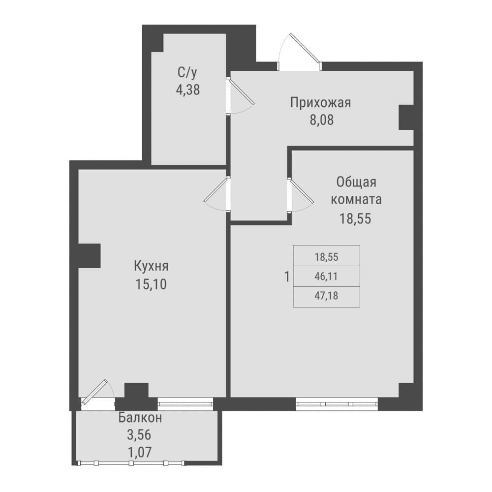 1 комн., 47.2 м²