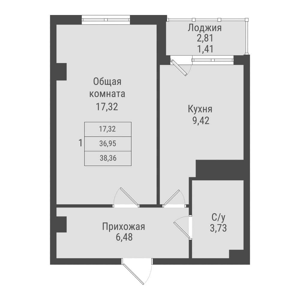 1 комн., 38.4 м²