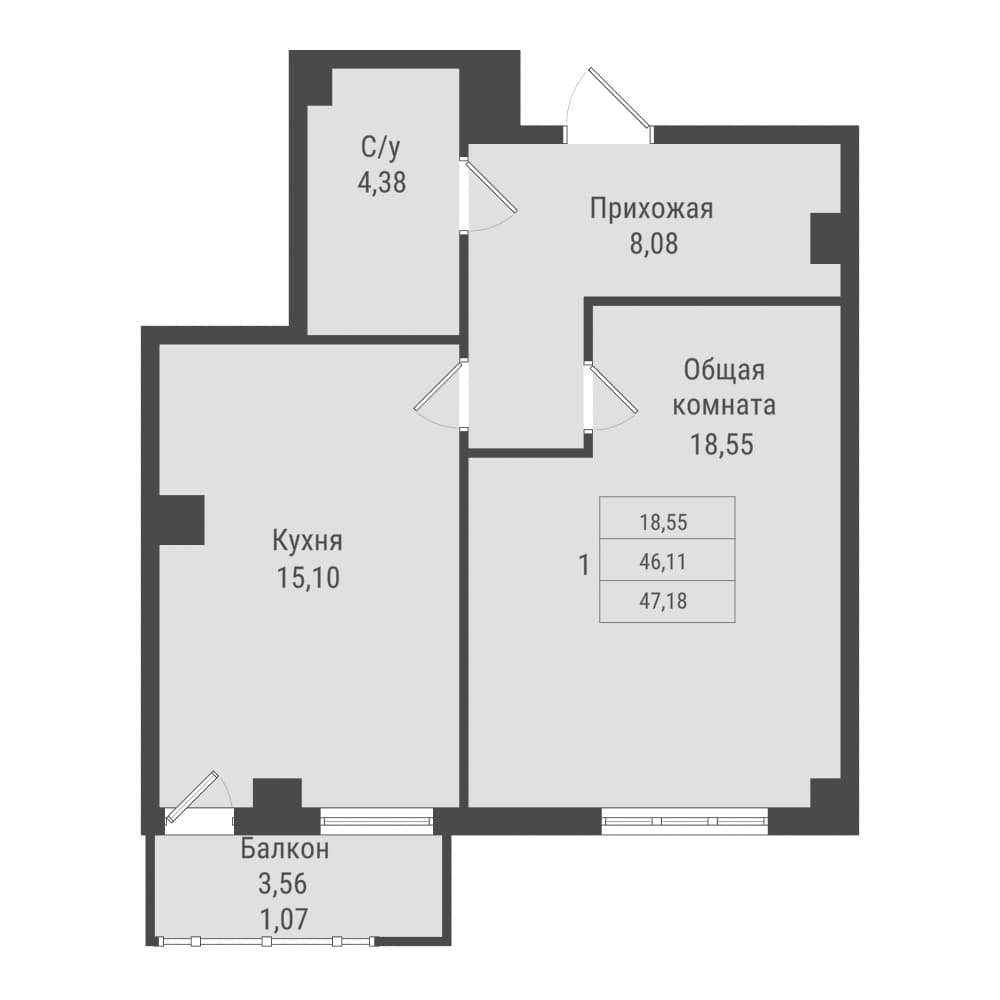 1 комн., 47.2 м²