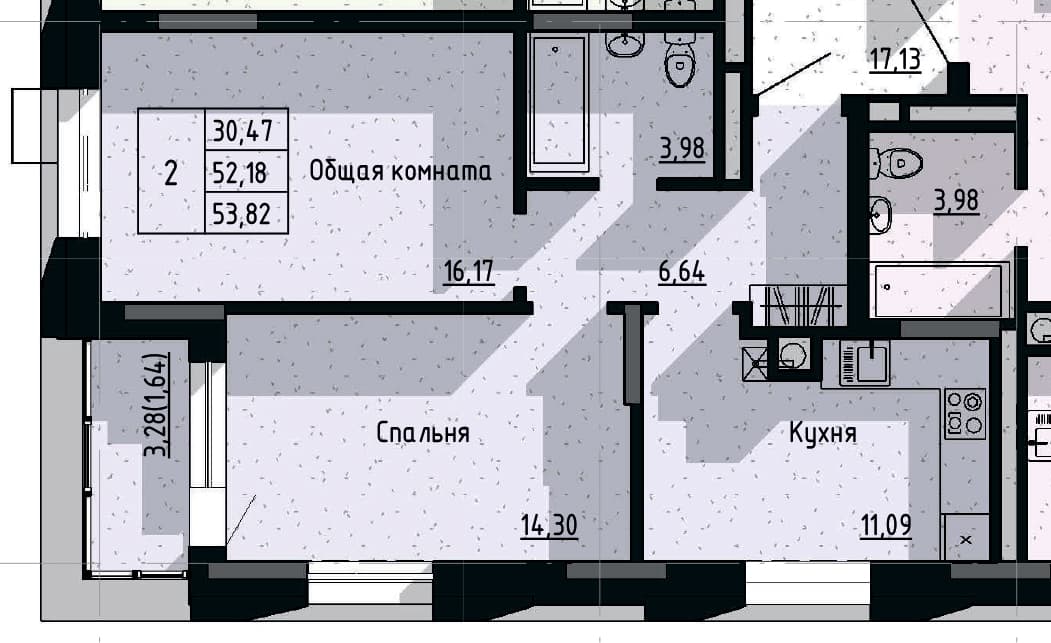 2 комн., 53.8 м²