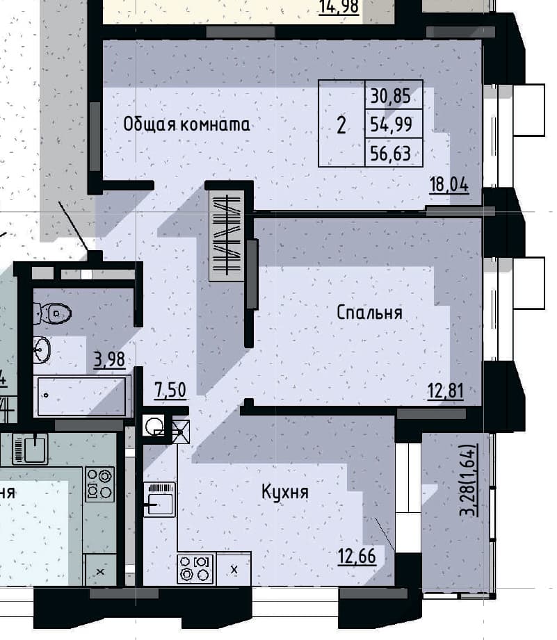 2 комн., 56.6 м²