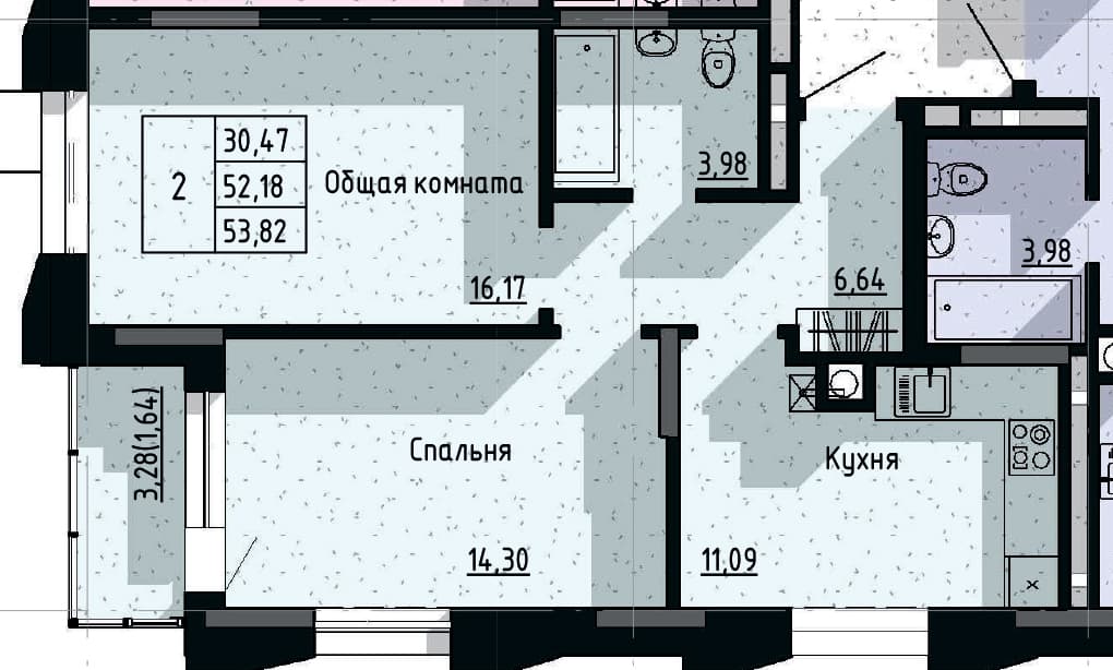 2 комн., 53.8 м²
