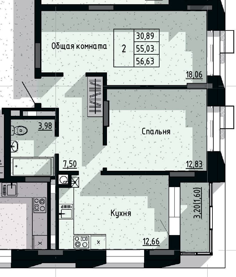 2 комн., 56.6 м²