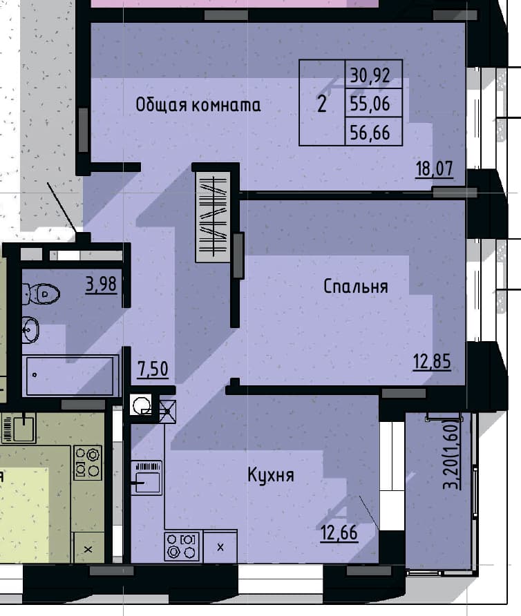 2 комн., 56.7 м²