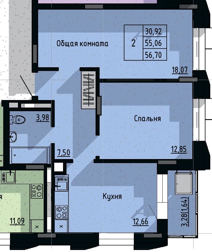 2 комн., 56.7 м²