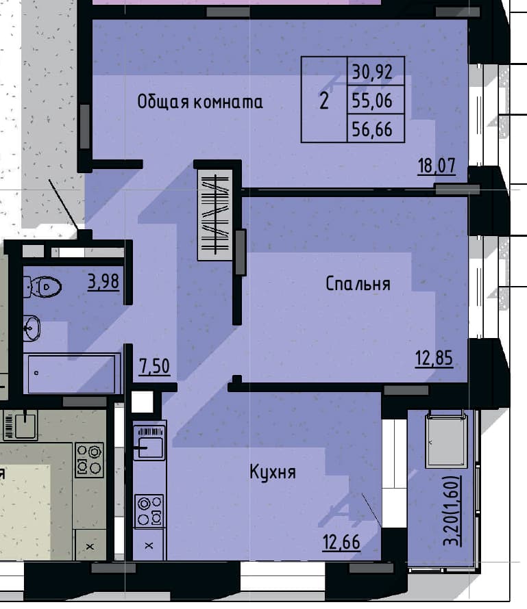 2 комн., 56.7 м²