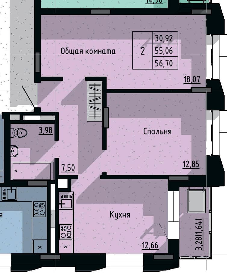 2 комн., 56.7 м²