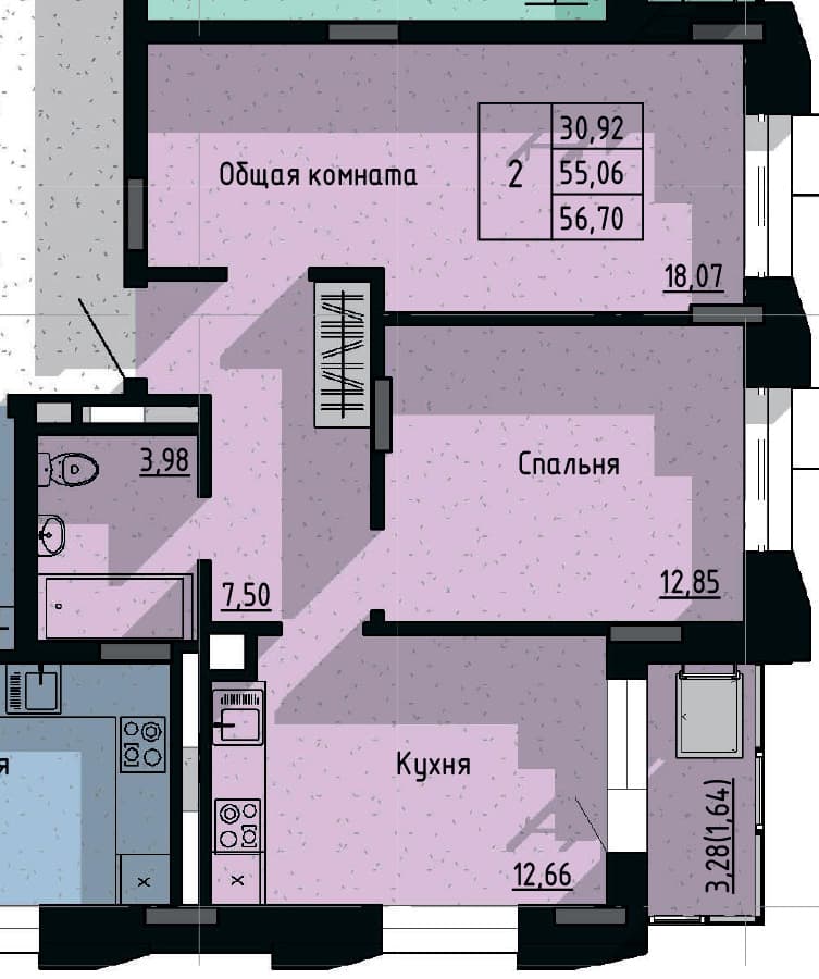 2 комн., 56.7 м²